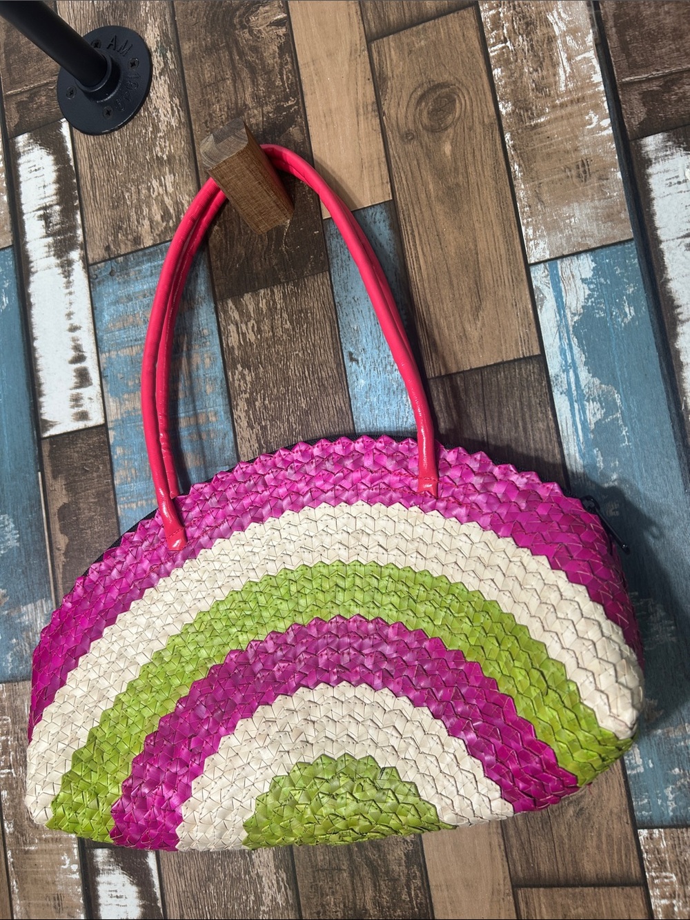 Pink & Green Woven Straw Tote Bag
